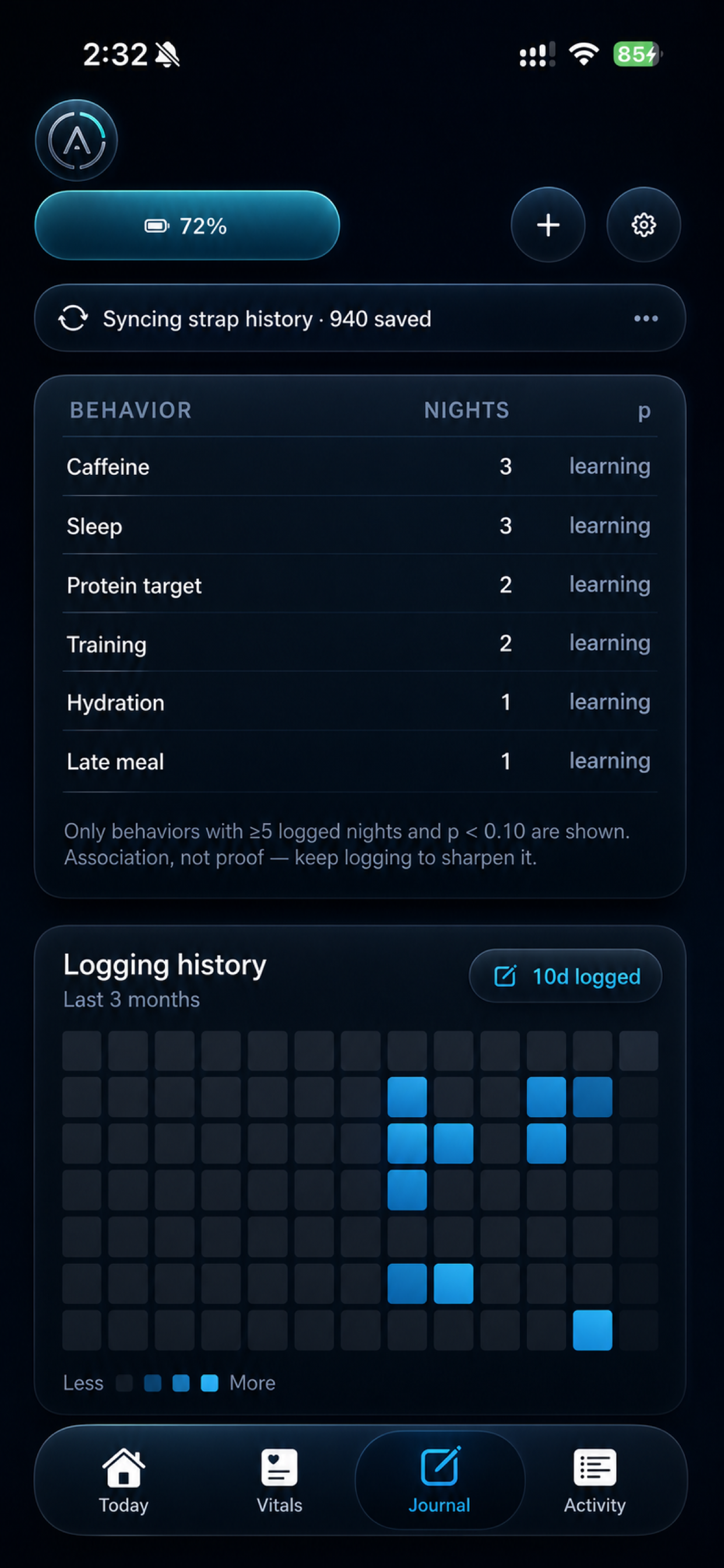 Atria journal screen for recording habits and daily context