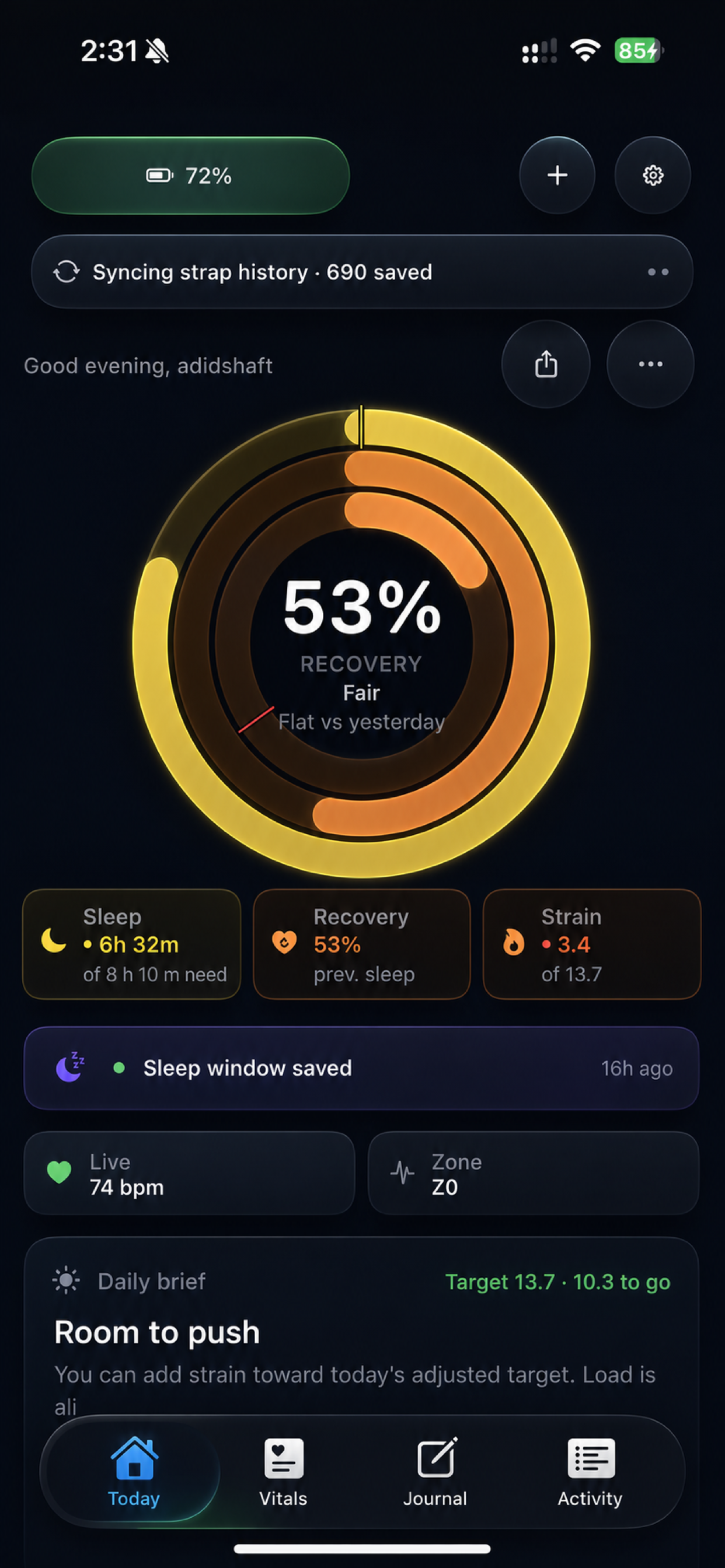 Atria Today dashboard with recovery, sleep, strain, live heart rate and a daily brief