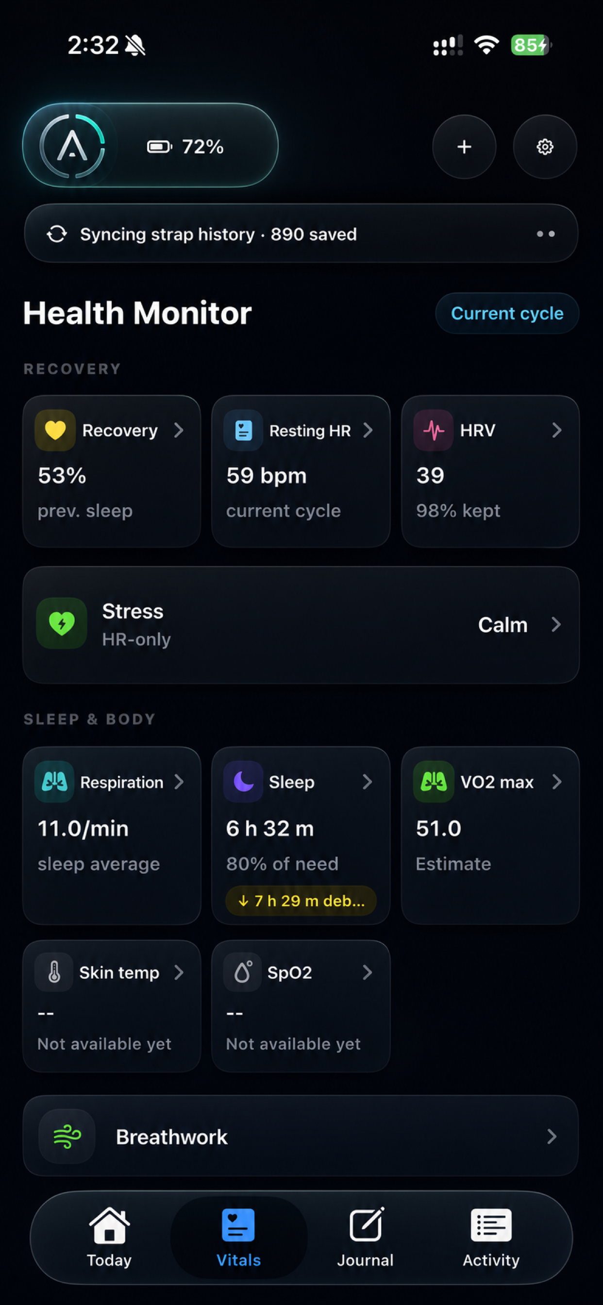 Atria Vitals health monitor showing recovery, resting heart rate, HRV, stress, respiration and sleep