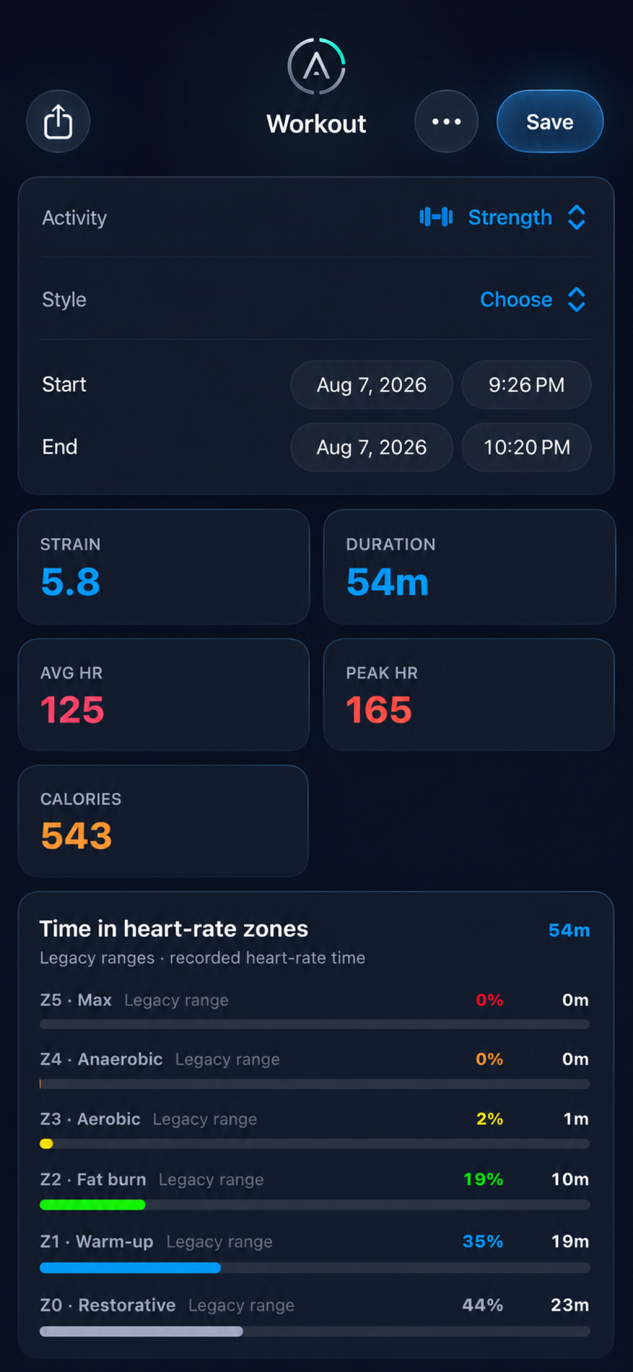 Atria live workout screen with heart rate, zones and strain